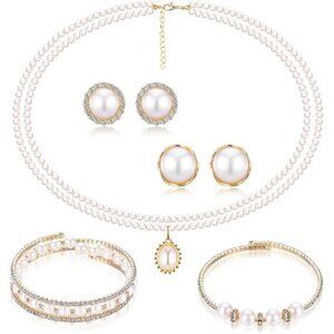 Gold Pearl Rhinestone Jewelry Set for Women Pearl Necklace Bracelet Earrings
